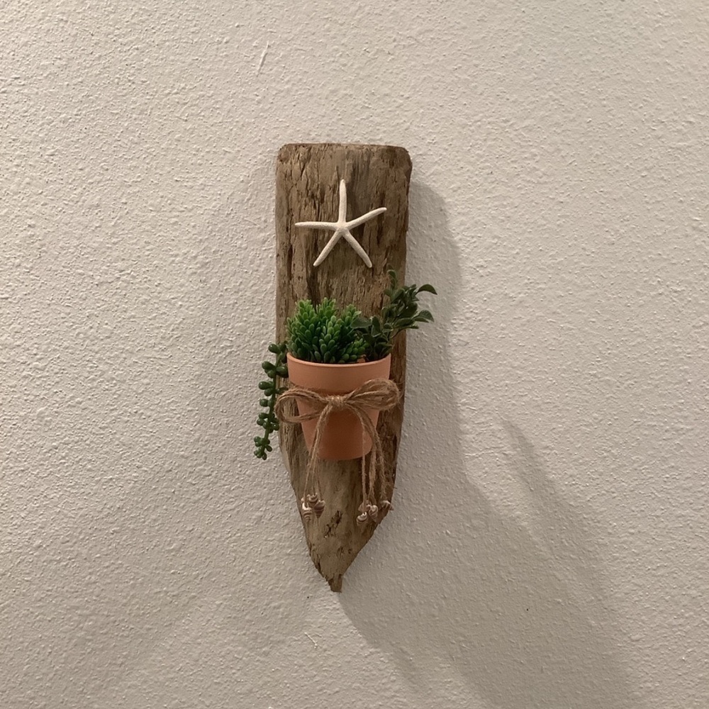 Driftwood Art, Driftwood & Starfish Planter, Driftwood Coastal Decor